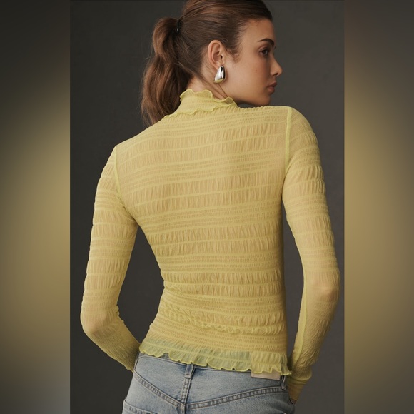 ✨ Anthropologie Smocked Mesh Turtleneck Top Sz S - Picture 3 of 7